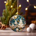 Ceramic Christmas Ornament with Blue, Gold and White Christmas Tree